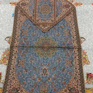 جانماز ترمه طرح تاج رنگ ابی فیروزه