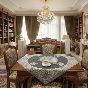 رومیزی ترمه طرح شاه پرند رنگ سبز