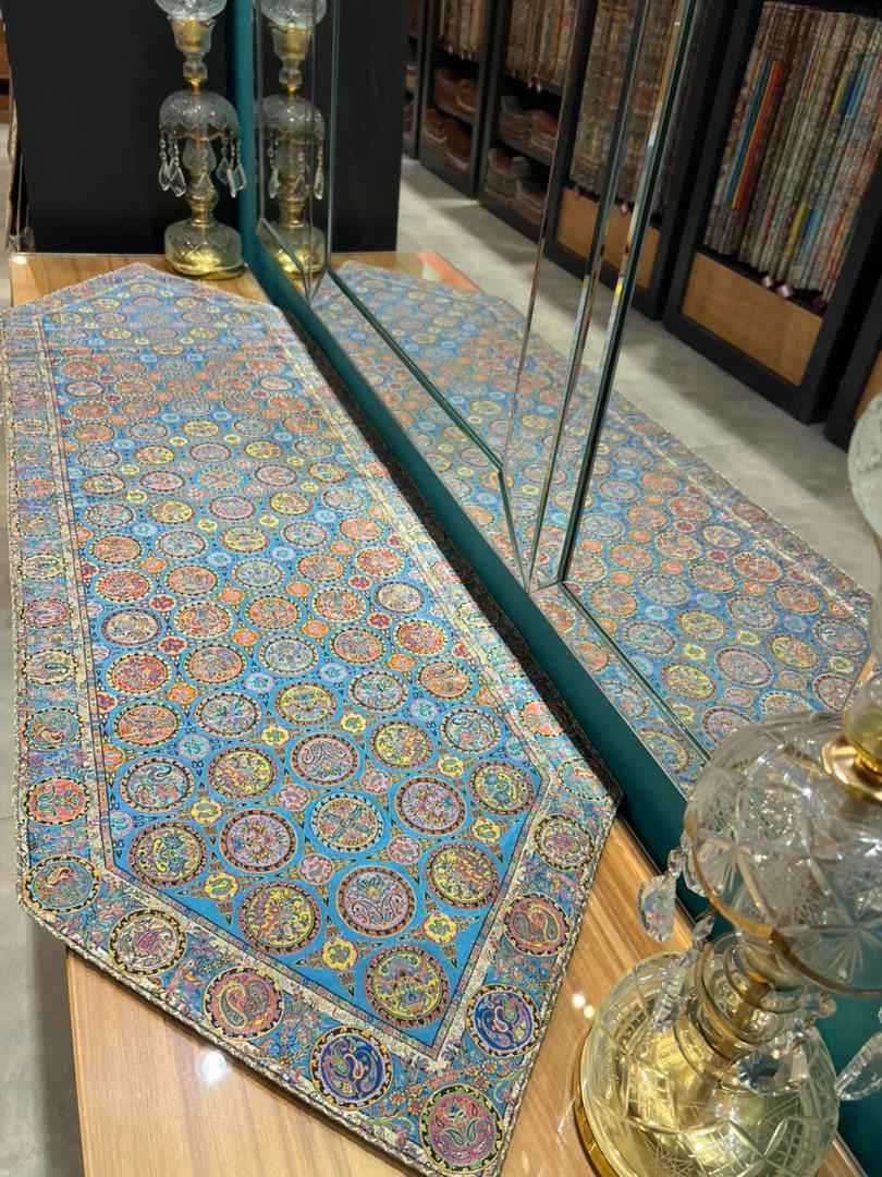 رانر ترمه آبی فیروزه ای طرح هفت خوان ترمه هاشمی