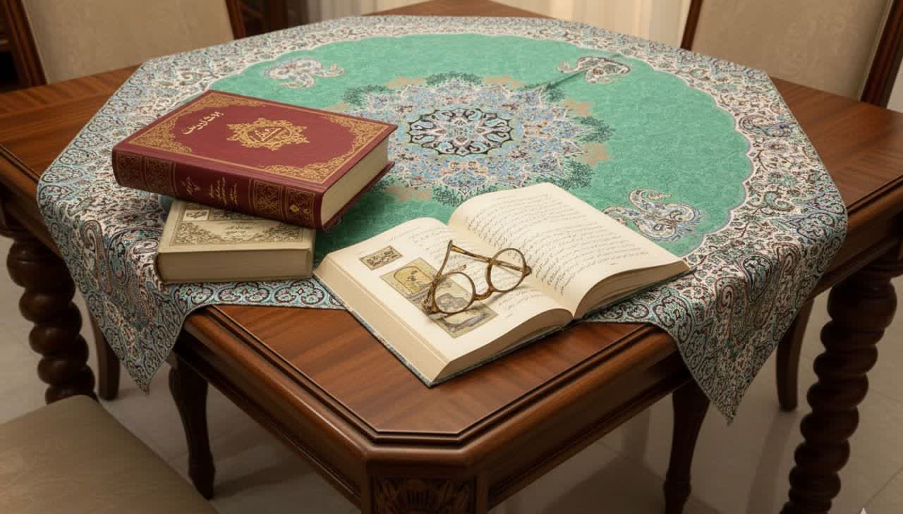 رومیزی ترمه طرح شاه پرند کلاسیک رنگ سبز