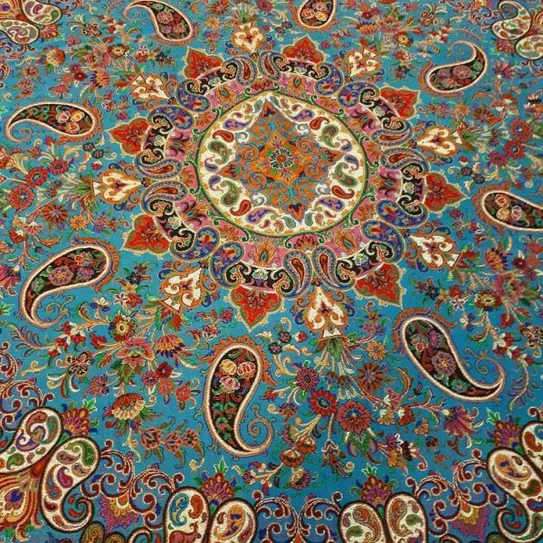 رومیزی ترمه ابریشم اصل 1*1 طرح آذرناز رنگ آبی - Image 3