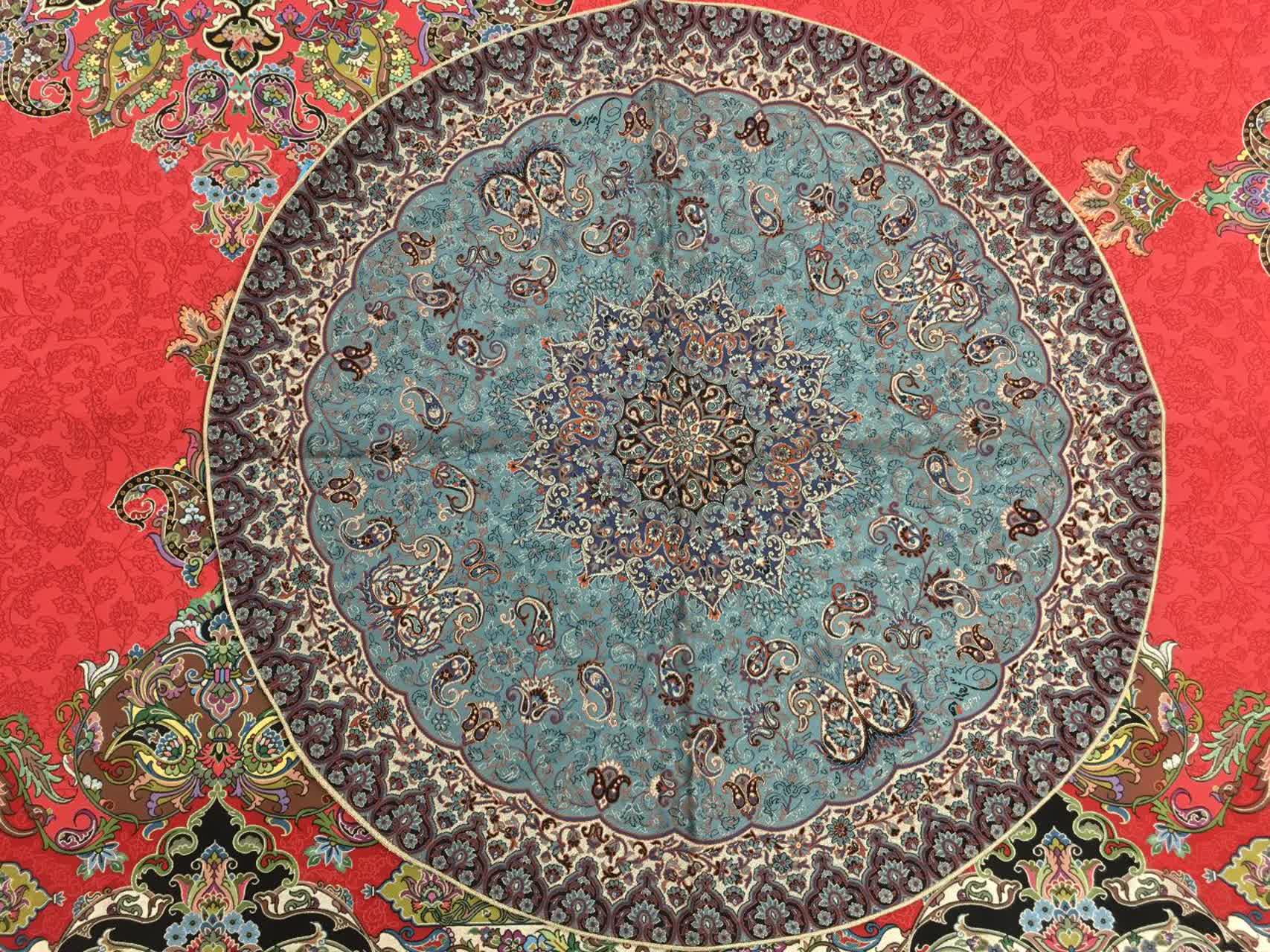 رومیزی ترمه گرد ابریشم طرح شاه پرند قطر 75 کد 5