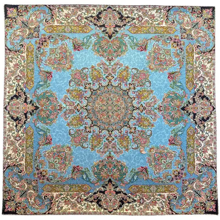 رومیزی ترمه ابریشم اصل شور انگیز آبی فیروزه