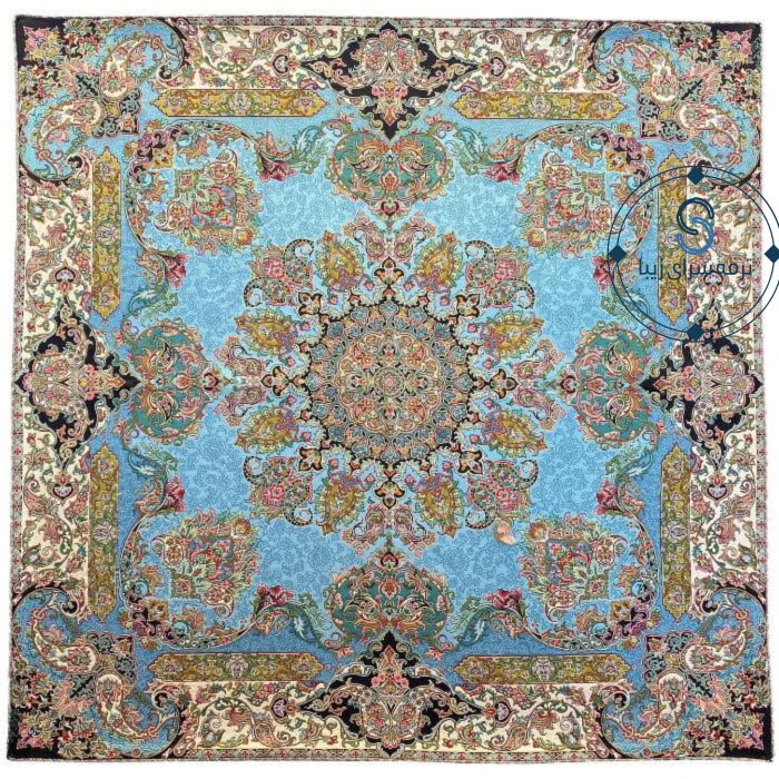 رومیزی ترمه ابریشم طرح شور انگیز آبی فیروزه